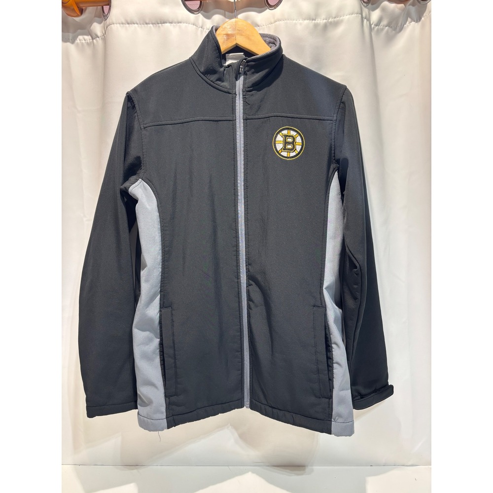 NHL Boston Bruins Jacket Kids L Black Grey Softshell Full Zip Fleece Lined